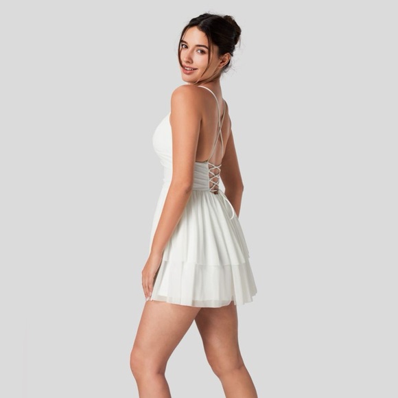 Halara White Backless Crisscross Lace Up Mesh Layered Mini Party Dress | NEW🩷 - Picture 4 of 14